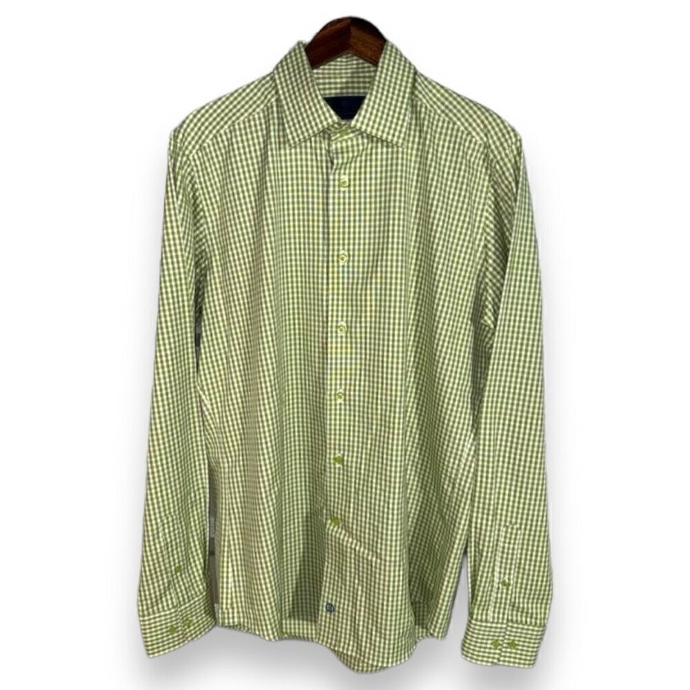 David Donahue Green Check Trim Fit Dress Shirt Size L 16.5 36